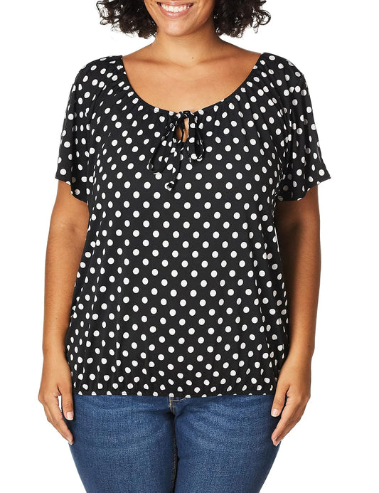 Star Vixen Tamaño Grande de Manga Corta/ranurada Keyhole-Tie Campesino Parte Superior Bubble Dobladillo Blusa para Mujer