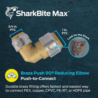 SharkBite Max - Codo reductor de 90 grados de 1 x 3/4 pulgadas, empuje para conectar accesorios de fontanería de latón, tubería PEX, cobre, CPVC, PE-RT, HDPE, UR278A