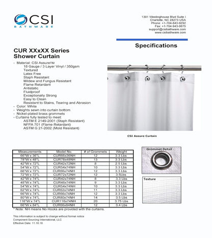 CSI Bathware - Cortina de ducha de vinilo resistente (42 pulgadas de ancho x 74 pulgadas de largo, color blanco
