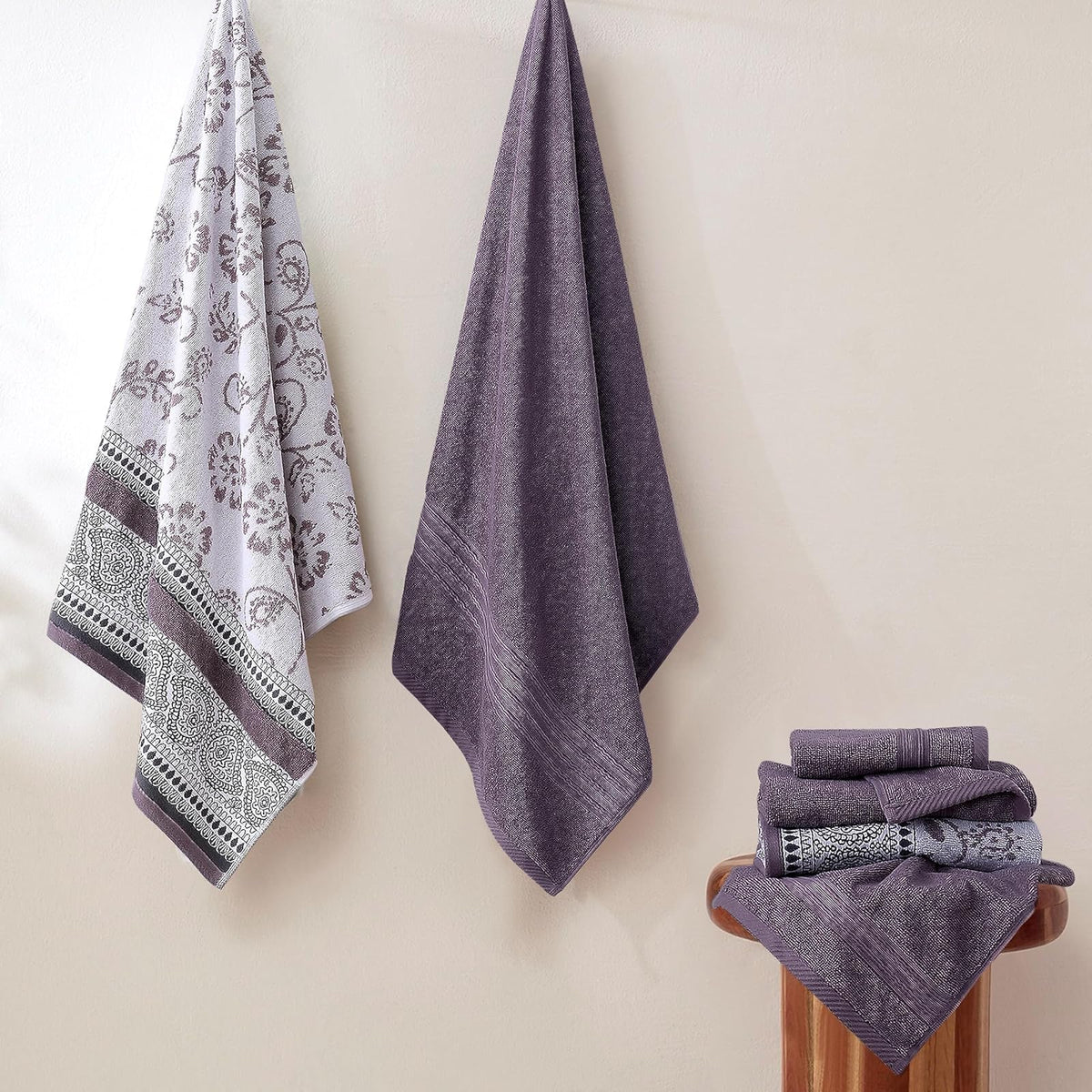 Modern Threads - Juego de 6 Piezas, 2 Toallas de baño, 2 Toallas de Mano, 2 paños de baño teñidos de Jacquard/Toallas sólidas, Ofelia orquídea