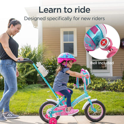 Schwinn Grit and Petunia Push Steer and Ride Bicicleta para niños, para niños y niñas de 2 a 4 años, Altura del Ciclista 28 a 38 Pulgadas, Ruedas de 12 Pulgadas, Ruedas de Entrenamiento, Mango de