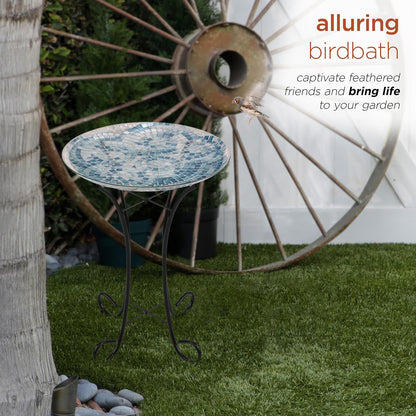 Alpine Corporation Tazón de Vidrio para Baño de Pájaros de Estilo Mosaico de 24" de Altura para Exteriores con Soporte de Metal, Azul