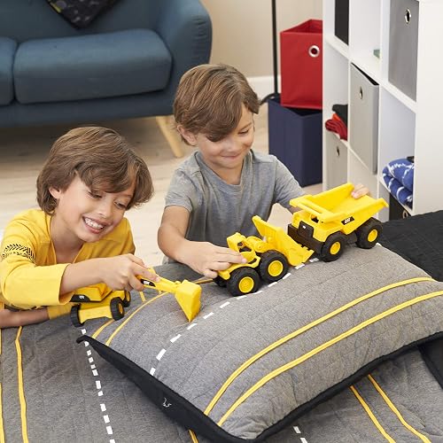Cat - Juguetes de construcción de 3 Unidades, Paquete de 3 Unidades, 7 Pulgadas, Juguetes Amarillos para vehículos de construcción, Incluye camión volquete, Cargador de Ruedas y Excavadora para niños