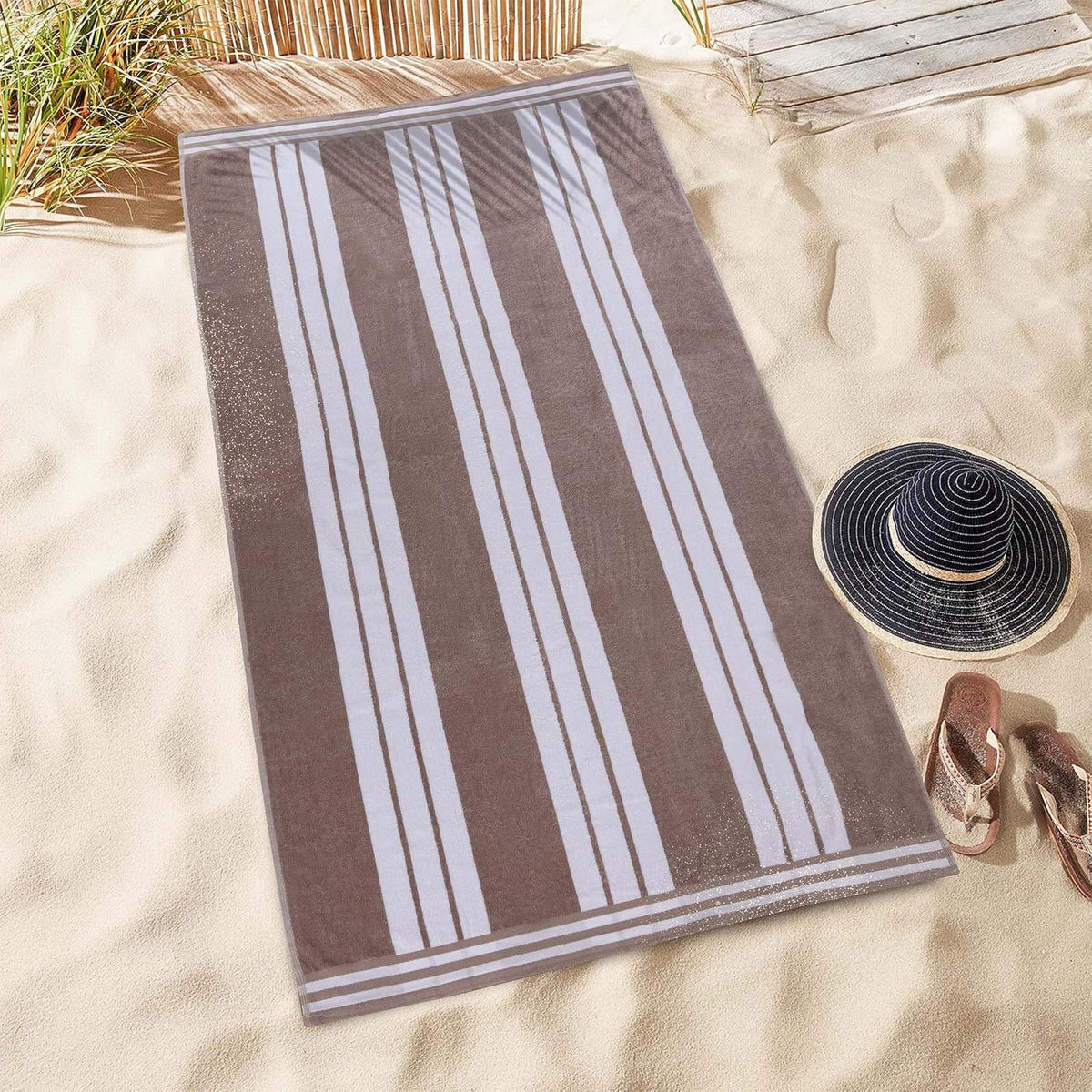 Superior Collection Luxurious Jacquard Cotton Beach Towels, Oversized, Taupe Cabana Stripes
