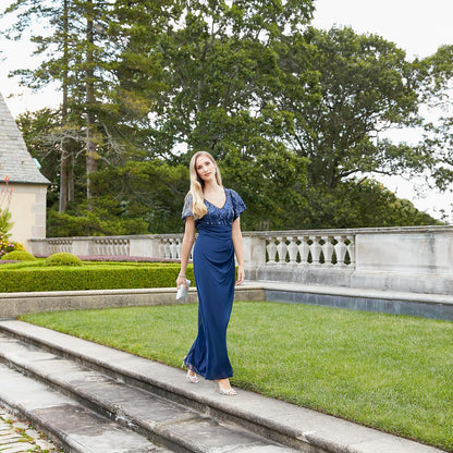 Alex Evenings - Vestido Largo para Madre de la Novia con Mangas voladas para Mujer con Cintura Imperio Fruncido (Tallas pequeñitas y Normales)