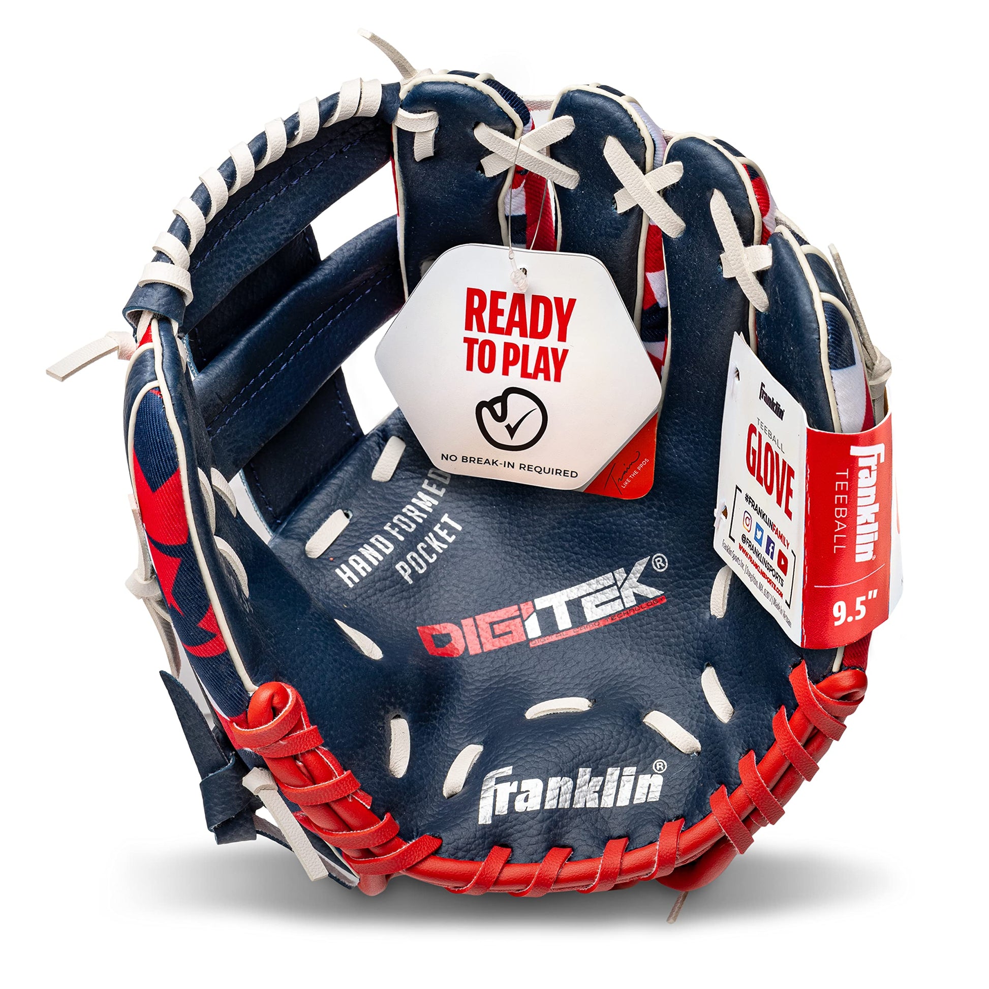 Franklin Sports 22858 Guantes de béisbol Unisex para Adolescentes de 9.5 Pulgadas, para niños, niñas, jóvenes, Azul Marino/Rojo, Talla 9.5 de EE. UU