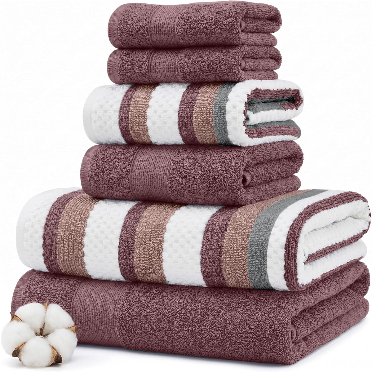 Modern Threads Pax - Juego de 6 Toallas Reversibles teñidas de Hilo Jacquard, Toallas de baño, Toallas de Mano y paños de baño, súper absorbentes y de Secado rápido, 100% algodón Peinado, Palisandro - Pequeño - Rosa