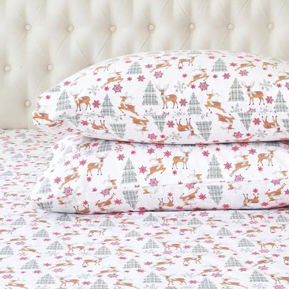 Elegant Comfort - Juego de Sábanas de Franela de Algodón Turco, Navideñas, 4 Piezas - King - Ciervo a cuadros