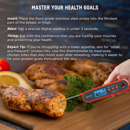 Taylor Digital - Termómetro digital impermeable para alimentos y carne, con una sonda plegable, preajustes programables, visualización retroiluminada para horno, parrilla, ahumador y barbacoa, incluye