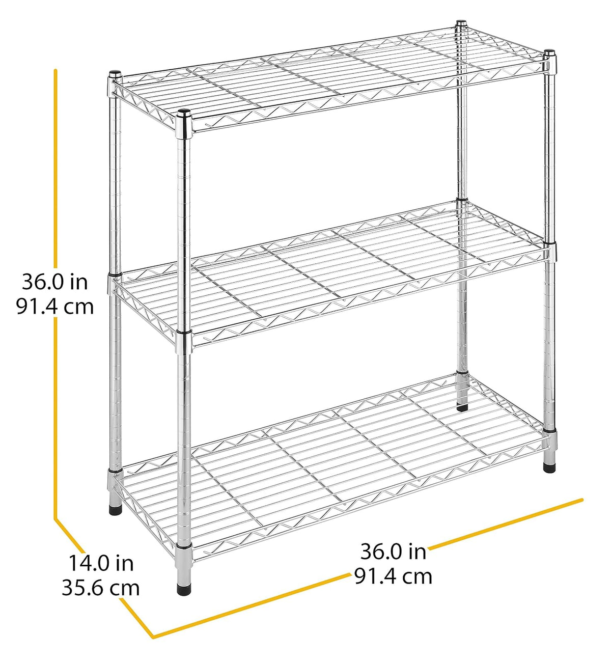 Whitmor Supreme Estantería de 3 niveles con estantes ajustables y pies niveladores, 350 libras. Capacidad por estante, chapado en cromo