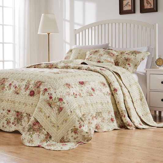 Greenland Home Antique Rose 100% Algodón Juego de Colcha de tamaño Generoso, 3 Piezas Queen, Marfil (Ecru)