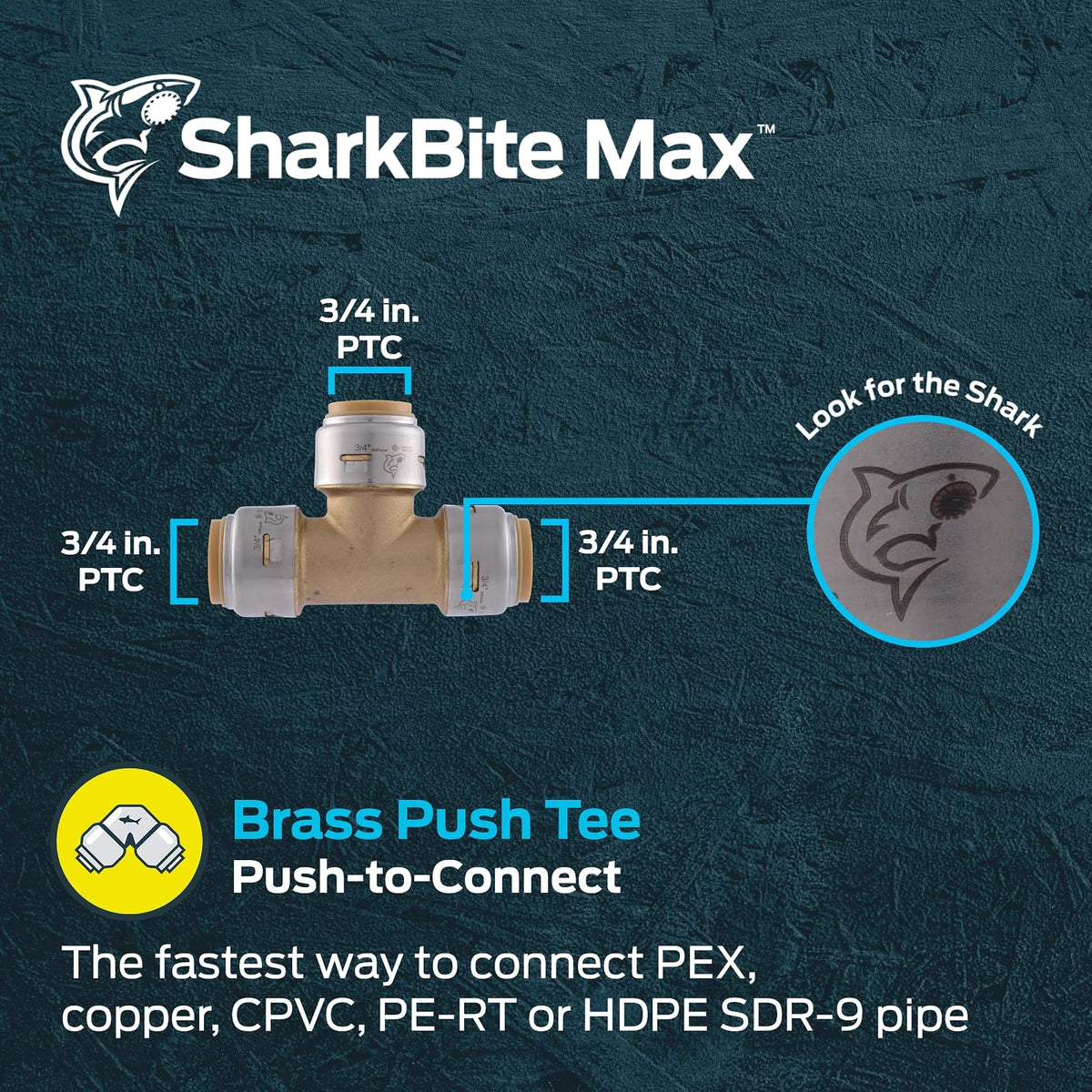 SharkBite Max - playera de 3/4 pulgadas, ajuste de fontanería de latón a presión para conectar, tubería PEX, cobre, CPVC, PE-RT, HDPE, UR370A