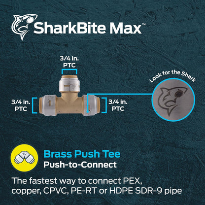 SharkBite Max - playera de 3/4 pulgadas, ajuste de fontanería de latón a presión para conectar, tubería PEX, cobre, CPVC, PE-RT, HDPE, UR370A