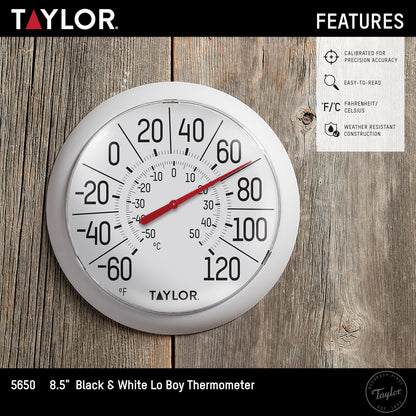 Taylor Big & Bold Termómetro con esfera para interiores y exteriores, decoración para patio, piscina o garaje, 8,5 pulgadas, bisel blanco