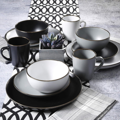 Gibson Home - Vajilla Rockaway redonda de gres, servicio para 4 (16 piezas), color blanco mate y metálico