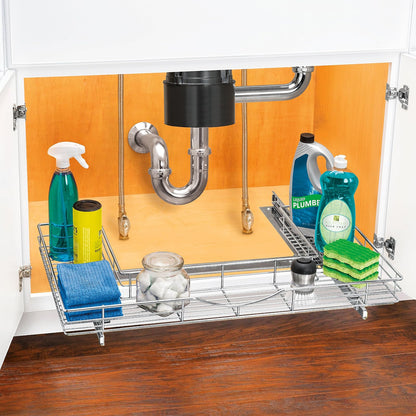 Lynk Organizador de clóset de baño para colocar bajo el lavabo profesional con ruedas – Dos cajones extraíbles con estante deslizante – 29,2 cm ancho x 45,7 cm profundo – Cromo, Organizador en forma de U para debajo del fregadero, Cromado, 1