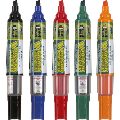 Pilot Vboard Master 43820, Marcadores para pizarrón blanco, estuche con 5 piezas de punta cincelada, colores negro, azul, rojo, verde y naranja