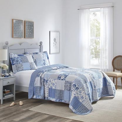 Laura Ashley - Juego de edredón Individual, Ropa de Cama Reversible de algodón con Funda a Juego, decoración del hogar Inspirada en la Granja (Estampado de Patchwork Azul, tamaño Individual)