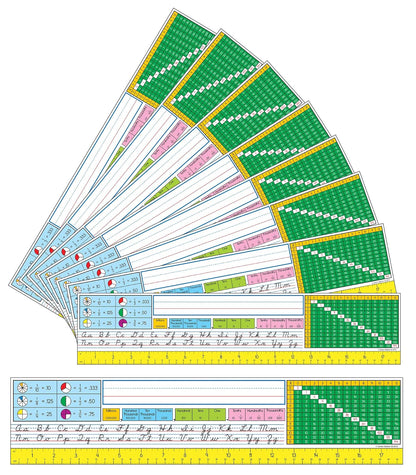 Carson Dellosa - Placa de nombre cursiva moderna para computadora, etiquetas de nombre con alfabeto, regla, valor de lugar, fracciones y tabla de multiplicación, decoración de computadora y etiquetas