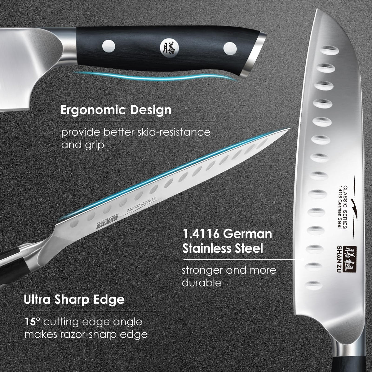 Cuchillo de Cocinero SHANZU Santoku 7 Pulgadas - Chef Profesional Alto Carbono con Acero Cromado Afilado, Hoja Santoku para Cocina y Chefs