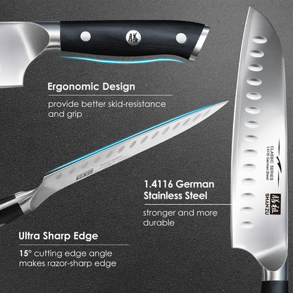 Cuchillo de Cocinero SHANZU Santoku 7 Pulgadas - Chef Profesional Alto Carbono con Acero Cromado Afilado, Hoja Santoku para Cocina y Chefs