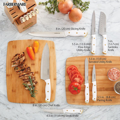 Farberware Juego de 15 cuchillos de triple remachado, cuchillos de cocina de acero inoxidable de alto carbono, juego de cuchillos afilados con bloque de madera, blanco y dorado