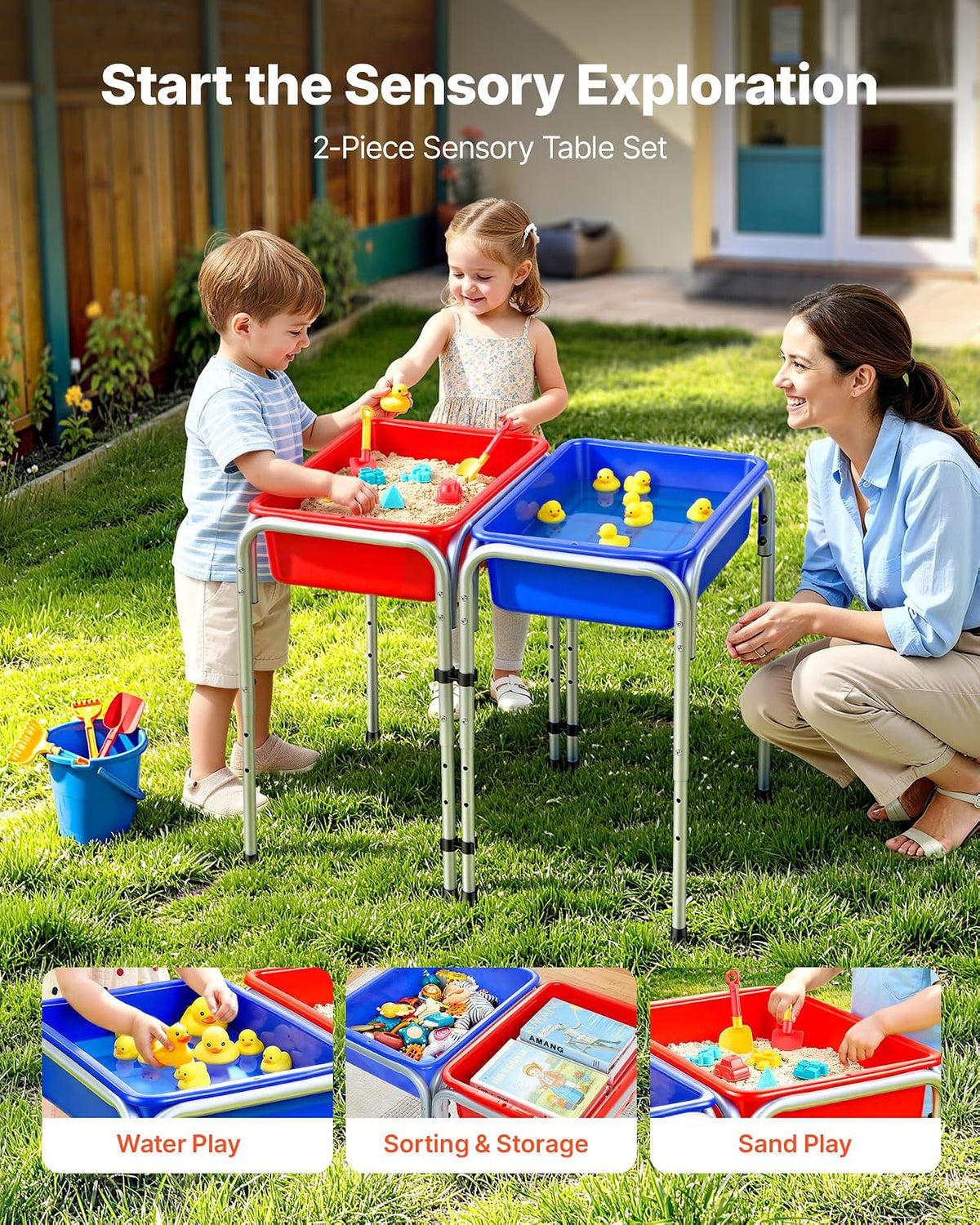 VEVOR Mesa Sensorial Infantil, Mesa de Juego de Agua y Arena para Niños de 3-6 Años, 3 Alturas Ajustables, 2 Cajas Desmontables, Patas Antideslizantes, Acero al Carbono, para Actividades al Aire Libre