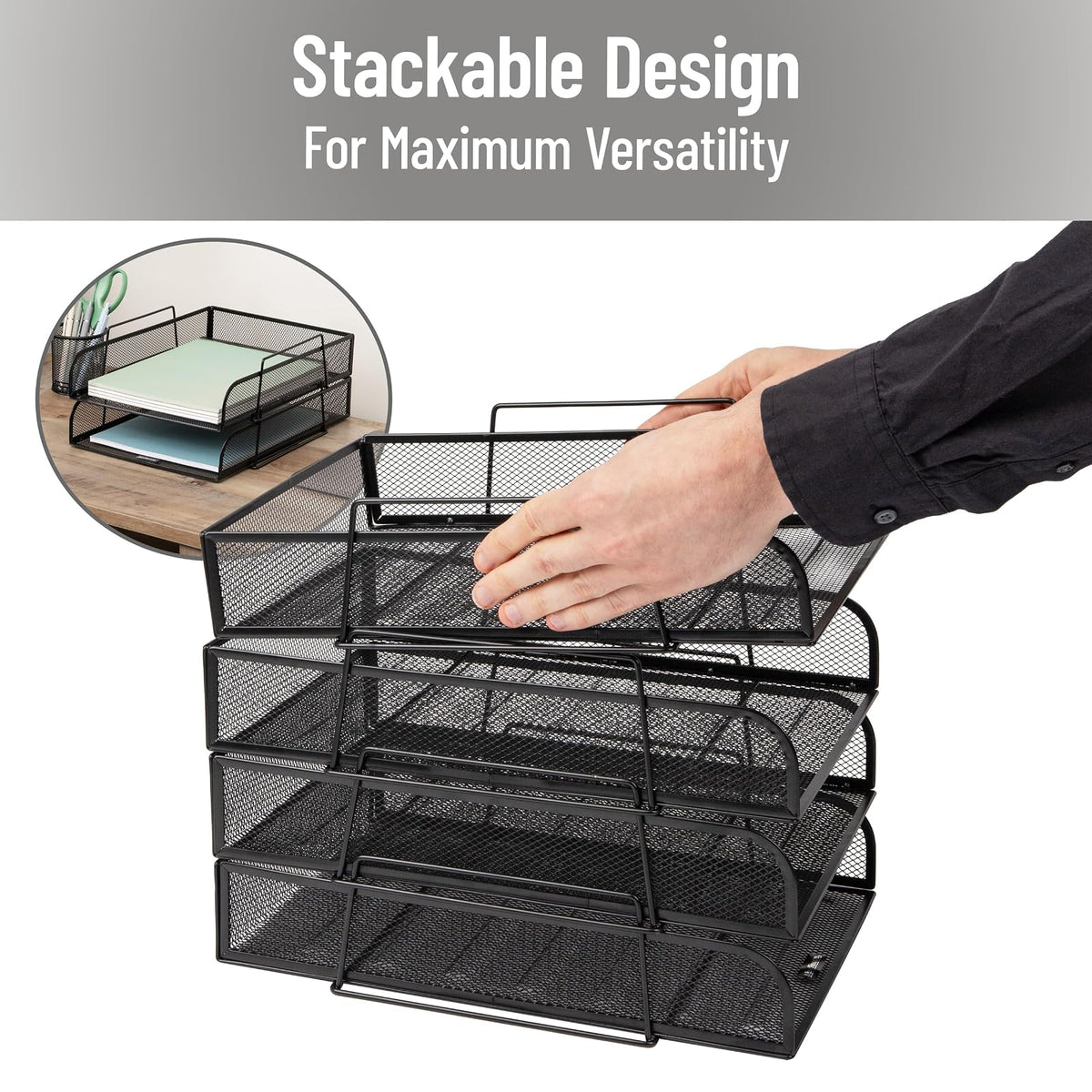 Betesh Mind Reader Stackable Paper Tray, Desktop Organizer, File Storage, Office, Metal Mesh, 10.5" L x13.5 W x11.25 H, 4 Pcs., Black