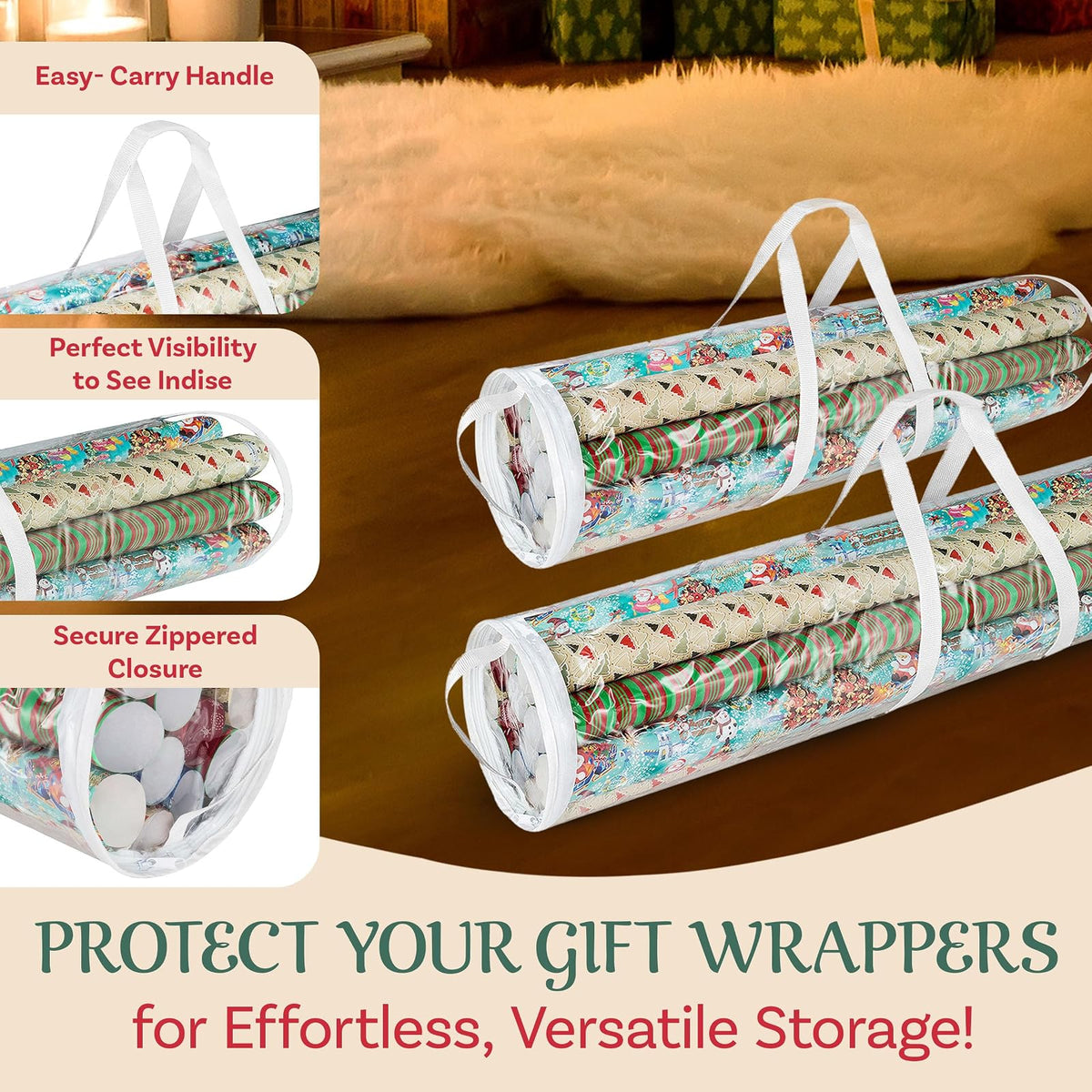 Elf Stor - Bolsas de Almacenamiento en Rollo de Papel de Regalo de 31 Pulgadas y 40 Pulgadas de Largo, Bolsas Transparentes con Asas, se Adapta a hasta 25 Rollos de Papel de Regalo en Cada Bolsa