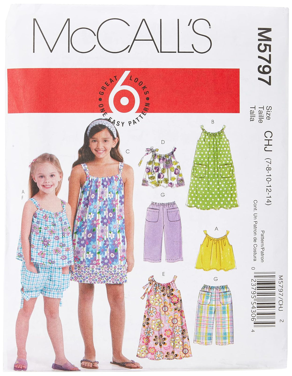 McCall's Patterns M5797 - Patrones de Costura para Camisetas de niñas/niñas, Vestidos, Pantalones Cortos y Pantalones, Talla CHJ (7-8-10-12-14)