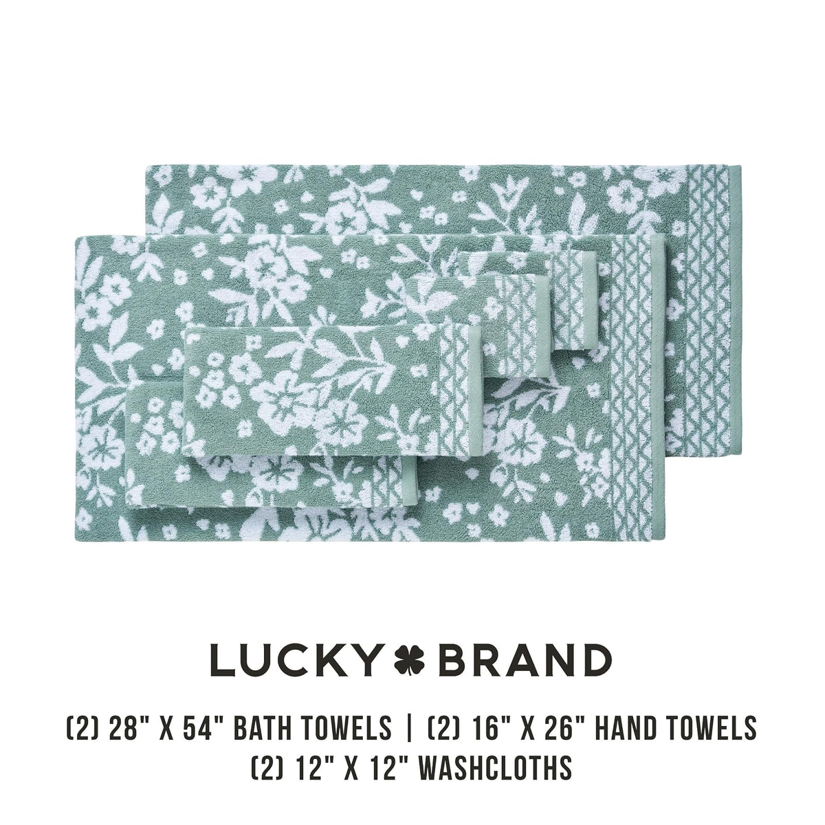 Lucky Brand Folk Floral Juego de 6 Toallas de baño – (2) Toallas de baño, (2) Toallas de Mano y (2) paños – Juego de Toallas de baño de Alta Calidad Verde Iceberg