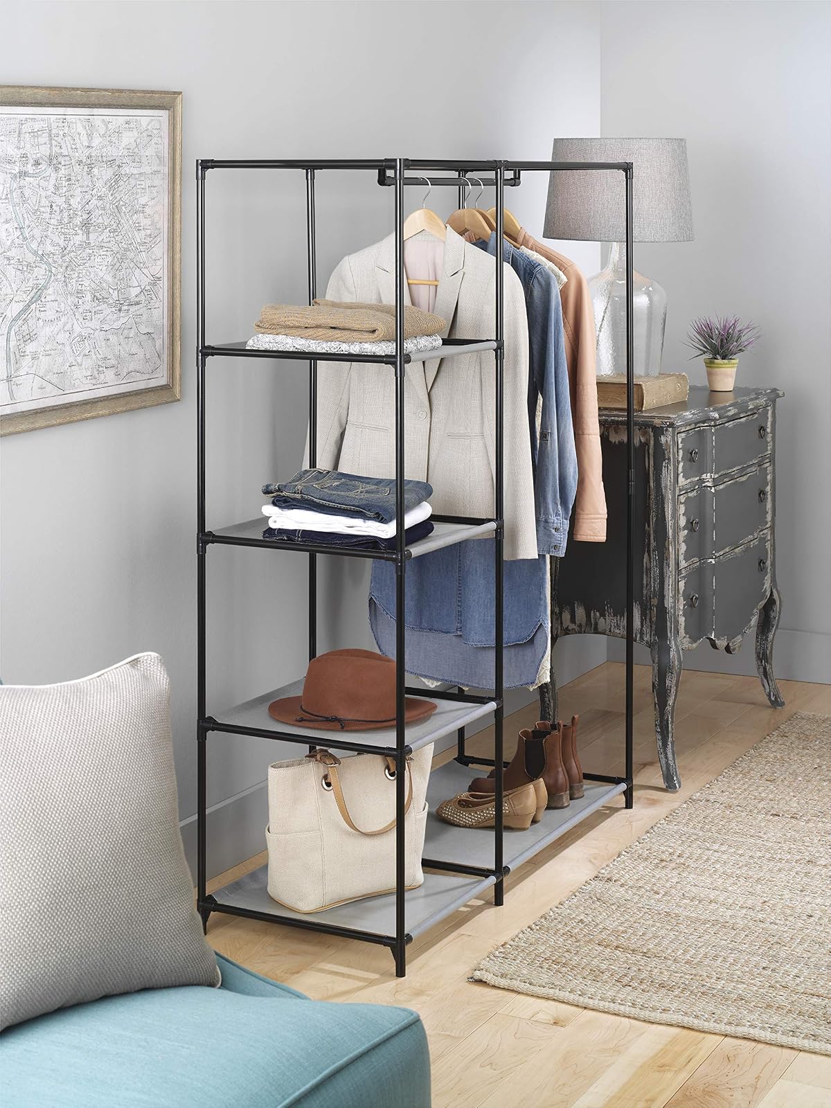 Whitmor Spacemaker clóset de 5 Niveles, Sistema de Almacenamiento no Empotrado con Barra de Ropa, Organizador de Ahorro de Espacio para dormitorios pequeños, Apartamentos, Marco de Acero Resistente,