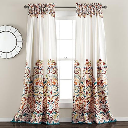 Lush Decor Clara Cortinas con estampado de damasco cachemira, estilo bohemio, de oscurecimiento de la habitación, juego de panel para la sala, el comedor, la recámara (par), Moderno, Turquiosa y mandarina., Panel Pair 84" x 52", 1