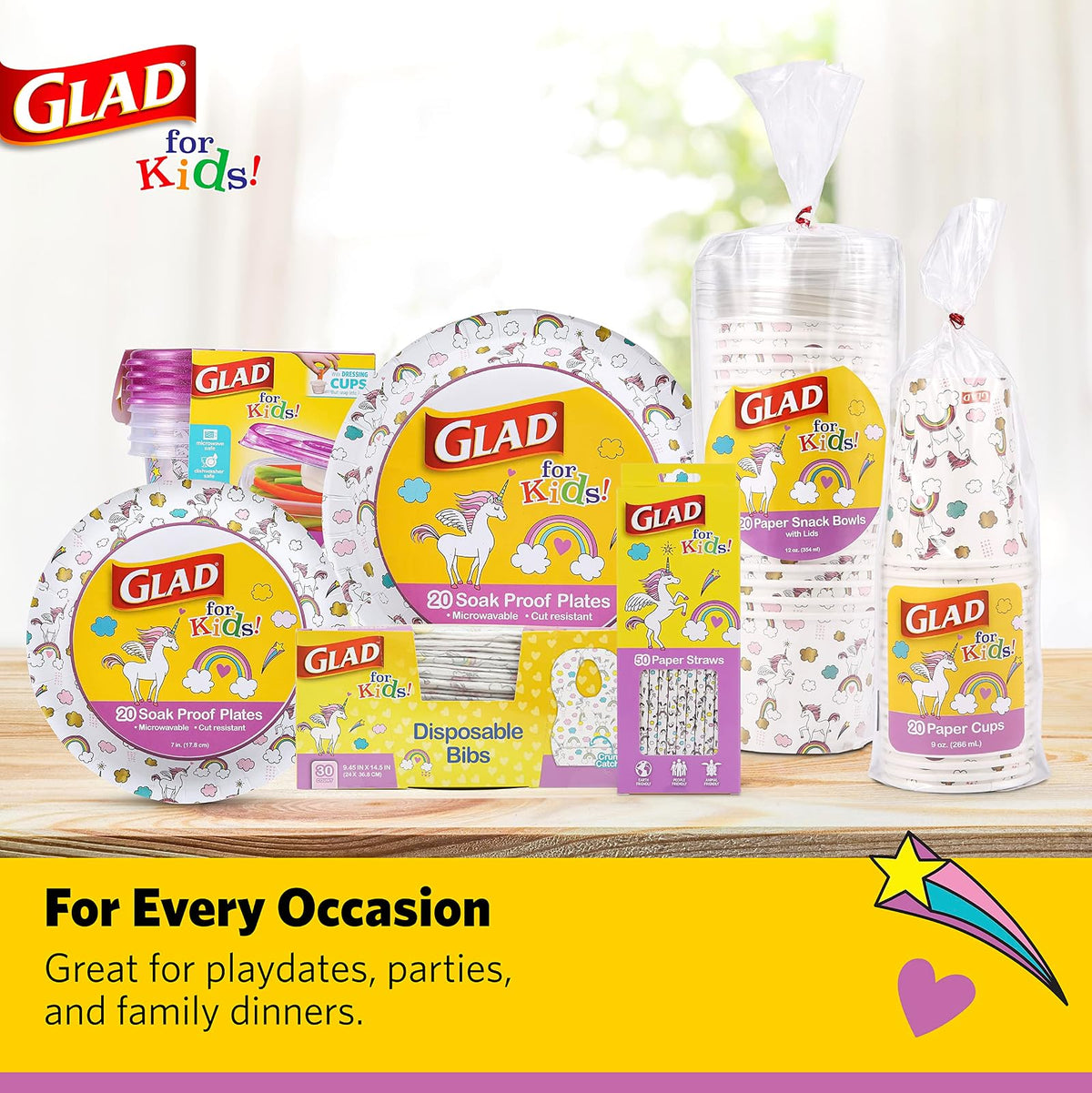 Glad for Kids - Baberos desechables de papel de unicornio con recogedor de migas para alimentar, absorbentes y a prueba de fugas, artículos imprescindibles para comidas sin desorden, 30 unidades