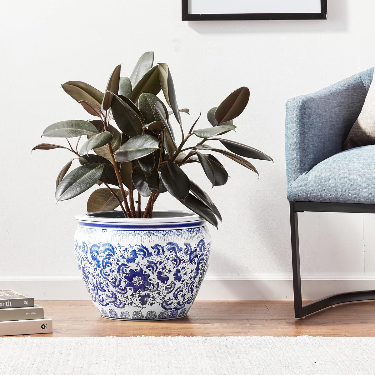 Oriental Furniture Classic Asian Indoor Planter Pot, 16-Inch Fine Chinese Export Porcelain Fishbowl, Ming Blue and White Floral Design