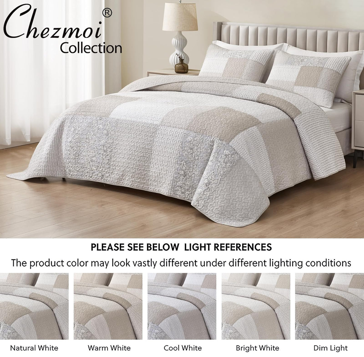 Chezmoi Collection Quinn - Juego de edredón de 3 Piezas con diseño de Flores de Hibisco, diseño de Rayas de Caramelo, Color Gris Topo Neutro, Colcha Reversible Ligera, tamaño King