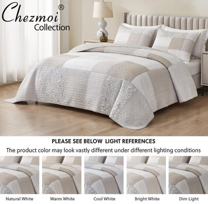 Chezmoi Collection Quinn - Juego de edredón de 3 Piezas con diseño de Flores de Hibisco, diseño de Rayas de Caramelo, Color Gris Topo Neutro, Colcha Reversible Ligera, tamaño King