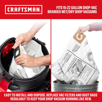 CRAFTSMAN CMXZVBE38772 - Bolsas de recogida de polvo de uso general para la mayoría de aspiradoras de tienda de 15 a 22 galones, recoge solo escombros secos, reduce el tiempo de limpieza, paquete de 3