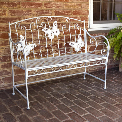 Alpine Corporation 43" L Indoor/Outdoor 2-Person Metal Garden Bench with Butterfly Backrest, White