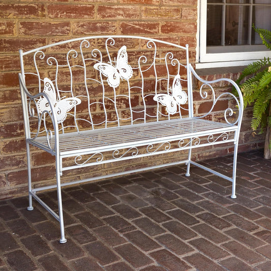 Alpine Corporation 43" L Indoor/Outdoor 2-Person Metal Garden Bench with Butterfly Backrest, White