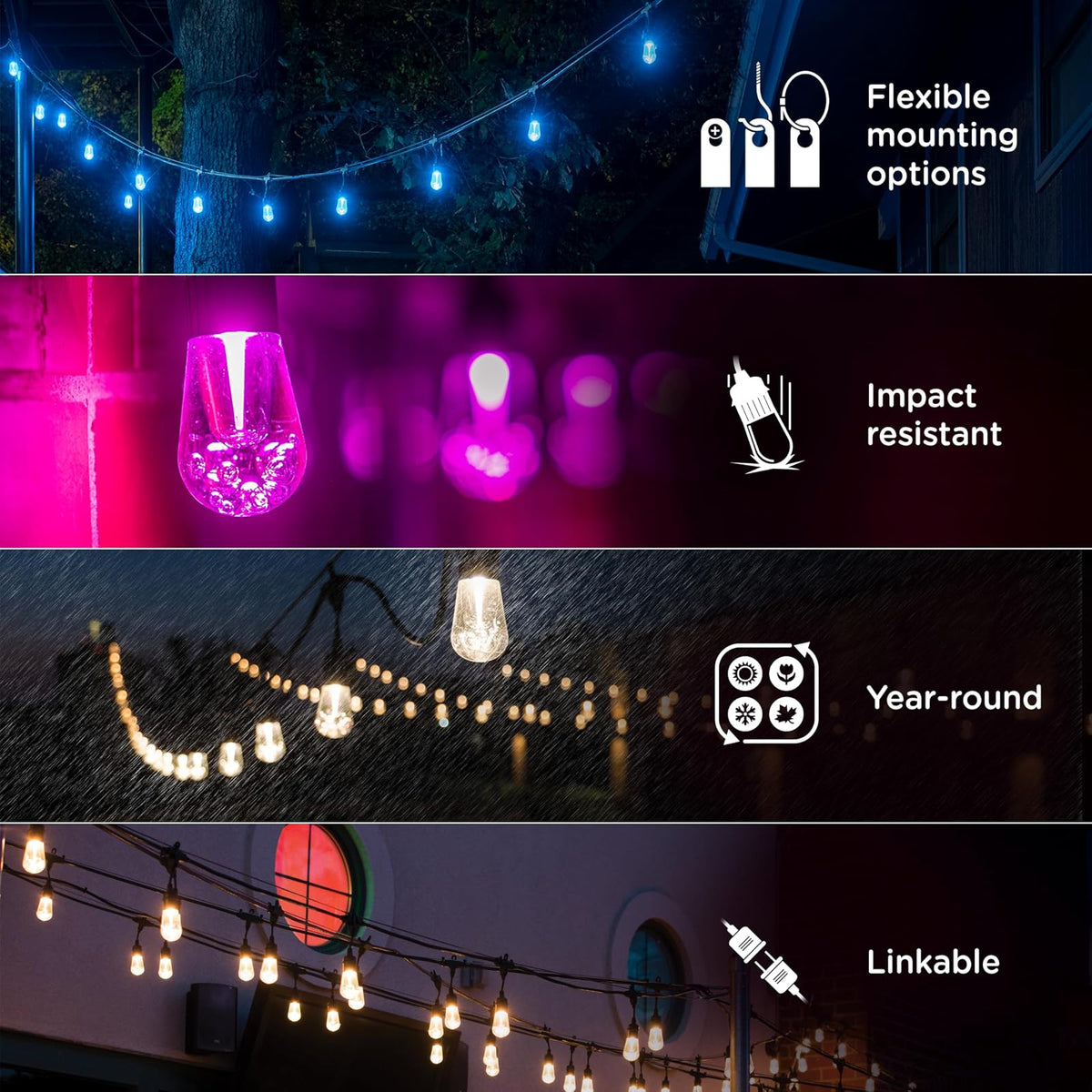 Enbrighten 57415 - Luces LED de café clásico inteligentes, Wi-Fi, 45 pies, multicolor/blanco, patio, terraza, porche, iluminación exterior, varias opciones de color, control inteligente, Bluetooth