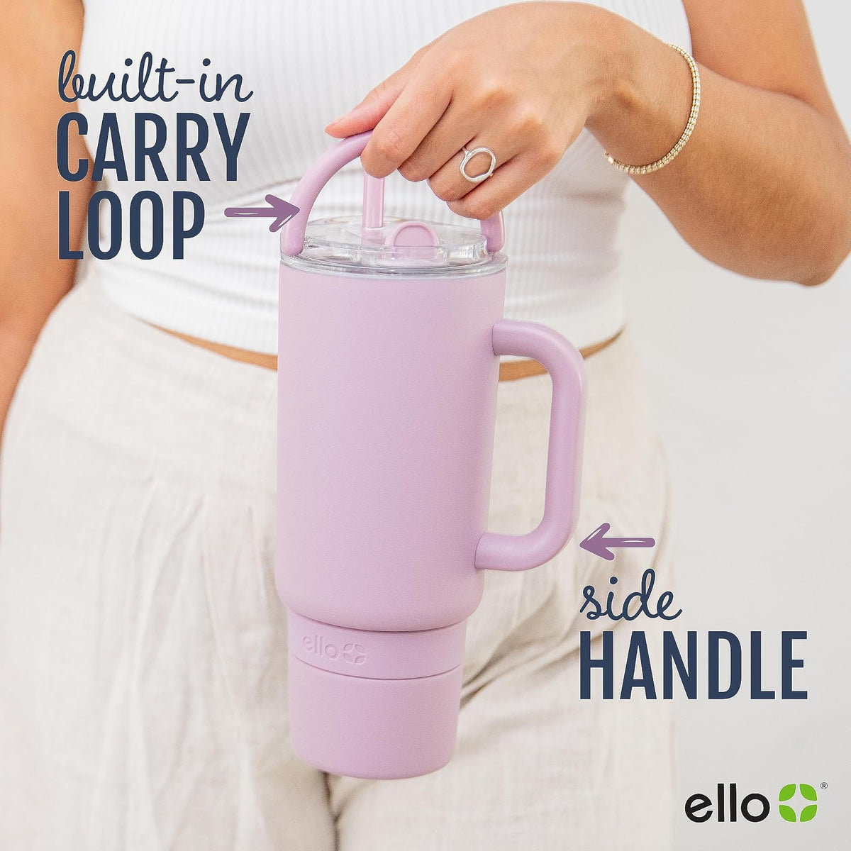 Ello Port - Vaso de 40 onzas con asa de transporte y asa integrada, botella de agua reutilizable de acero inoxidable aislada al aspiradora, taza de viaje con tapa a prueba de fugas y popote, perfecto