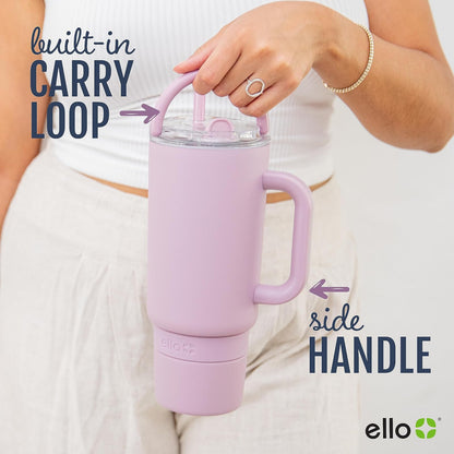 Ello Port - Vaso de 40 onzas con asa de transporte y asa integrada, botella de agua reutilizable de acero inoxidable aislada al aspiradora, taza de viaje con tapa a prueba de fugas y popote, perfecto