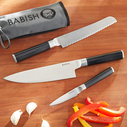 Babish Cubiertos alemanes de acero de alto carbono 1.4116, 3 piezas con rollo de cuchillos