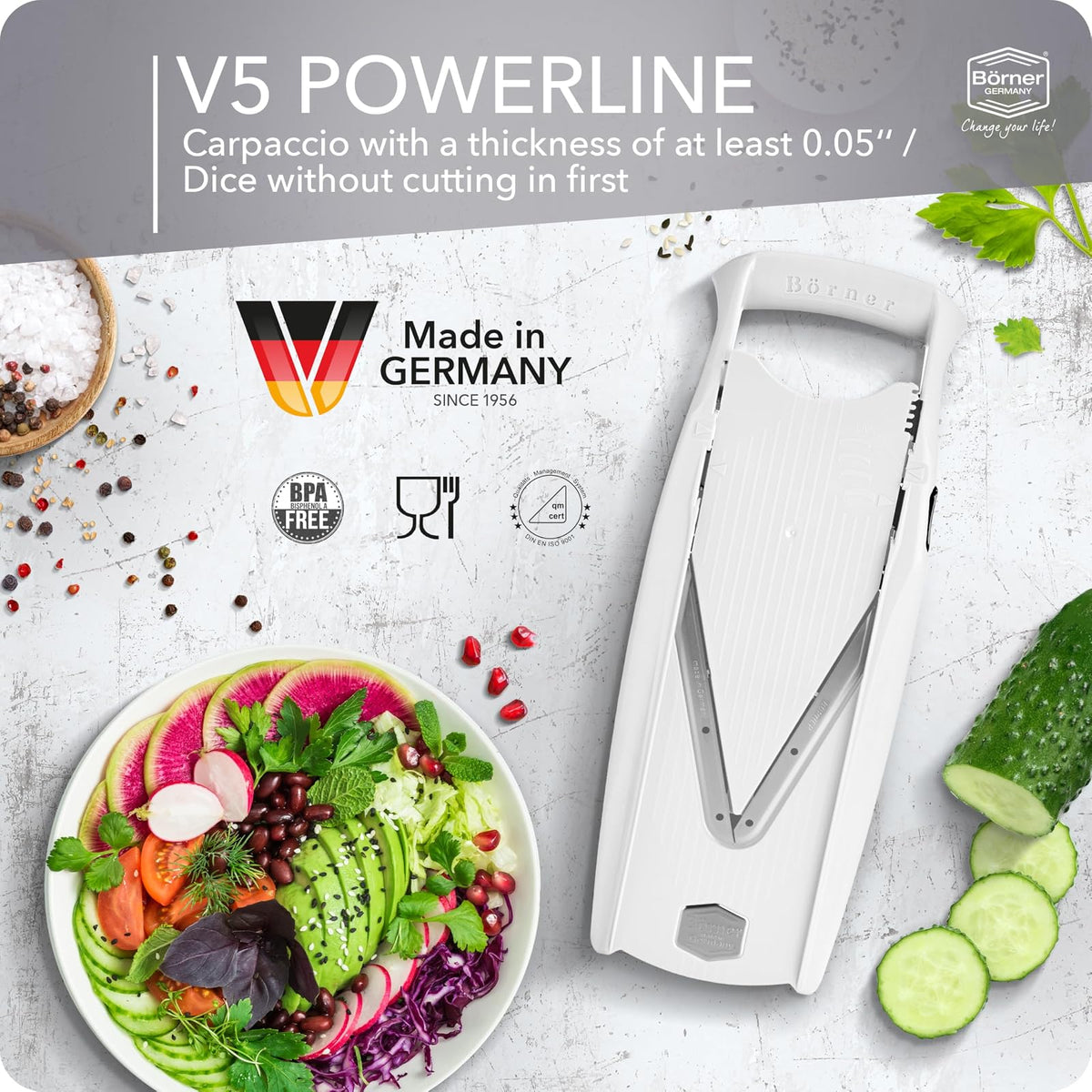 Reston Lloyd - Cortador de alimentos para mandolina Börner V5 (juego Profi) - V-Slicer con 4 inserciones, estación de acoplamiento y soporte para alimentos • Fabricado en Alemania • Picador de frutas