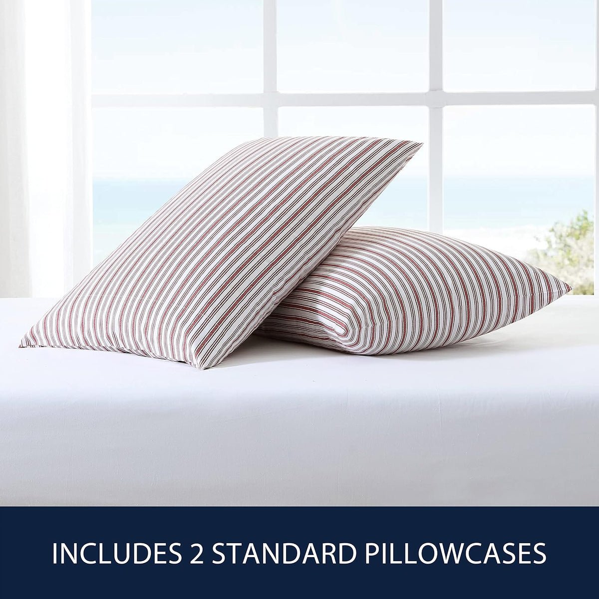 Nautica - Juego de Funda de Almohada estándar, 2 Piezas, Ropa de Cama de percal de algodón, decoración Casual para el hogar (Rayas Rojas, 20 x 30 Pulgadas)