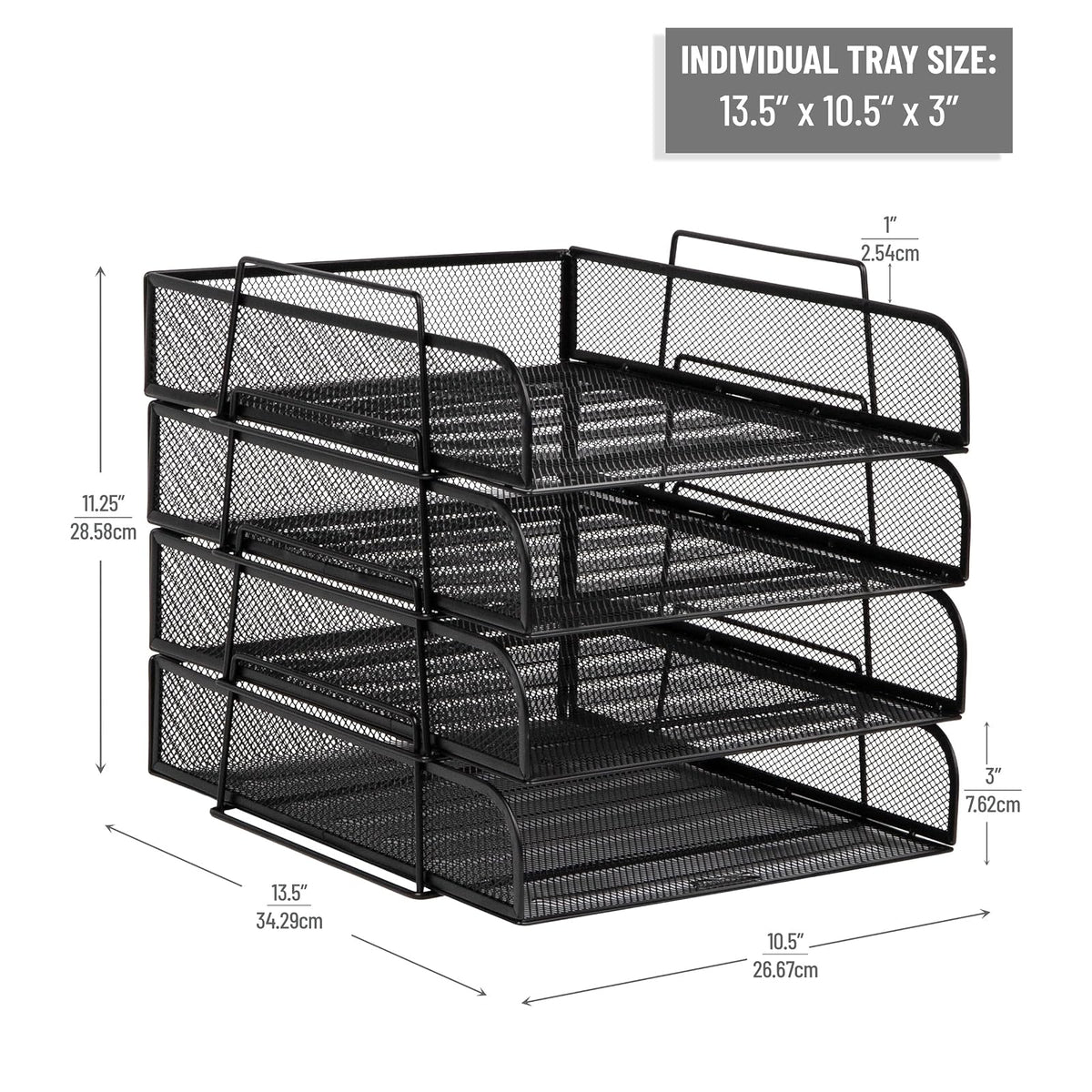 Betesh Mind Reader Stackable Paper Tray, Desktop Organizer, File Storage, Office, Metal Mesh, 10.5" L x13.5 W x11.25 H, 4 Pcs., Black