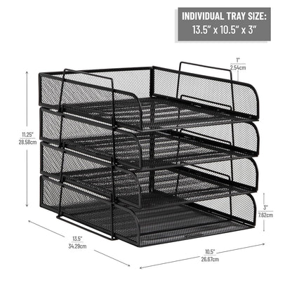 Betesh Mind Reader Stackable Paper Tray, Desktop Organizer, File Storage, Office, Metal Mesh, 10.5" L x13.5 W x11.25 H, 4 Pcs., Black