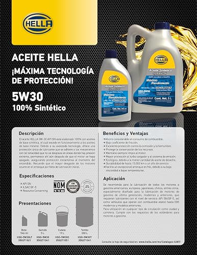 HELLA - ACEITE 100% SINTÉTICO PARA MOTOR A GASOLINA 5W30, GARRAFA DE 5 LITROS. NÚMERO DE PARTE : HSO-5W30 358271041