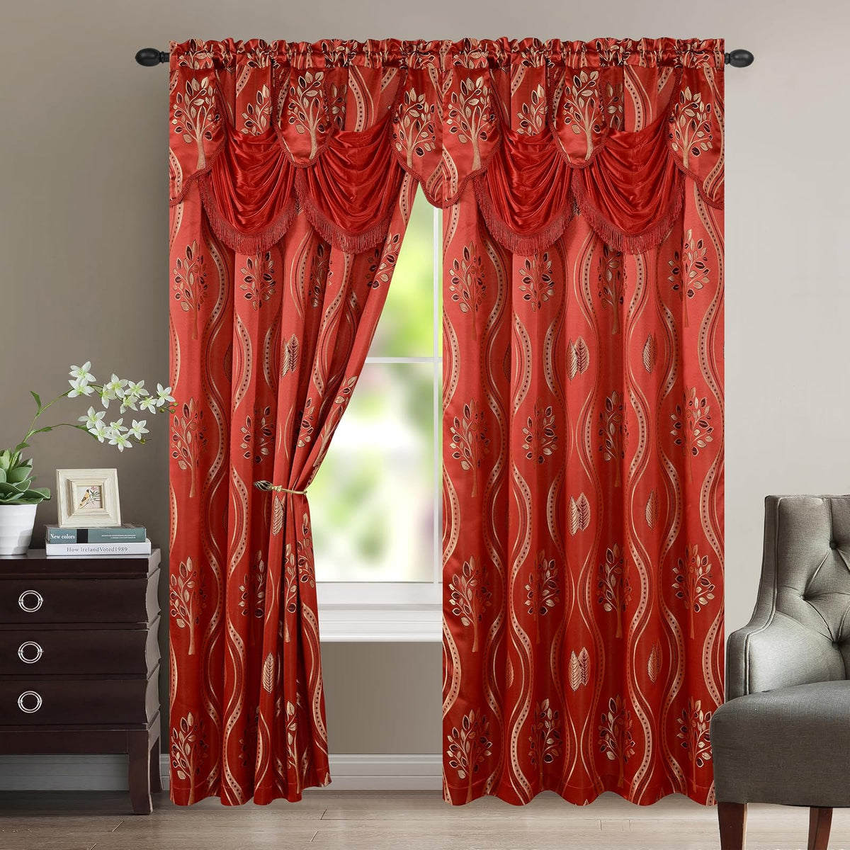 Elegant Comfort Aurora Cortinas Aspecto Jacquard con Cenefa Adjunta - Rojo